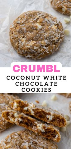 crumbl coconut white chocolate cookies are stacked on top of each other