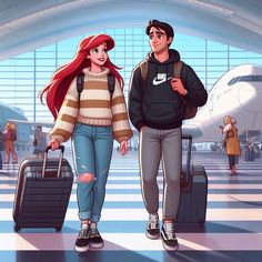 a man and woman walking through an airport with luggage