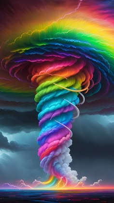 a rainbow colored cloud is in the middle of a dark sky with clouds behind it