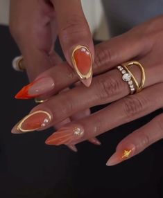 Trending Orange Nails, Thanksgiving Inspo Nails, White Artsy Nails, Olive June Nail Art, Builder Gel Fall Nails, Vacay Acrylic Nails, Cute End Of Summer Nails, Sophisticated Halloween Nails, Almond Shape Fall Nails 2024