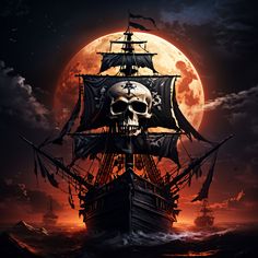 a pirate ship with a skull on it in front of a full moon and clouds