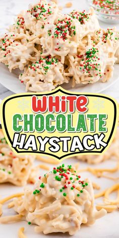 white chocolate haystack cookies with sprinkles on top and in the background