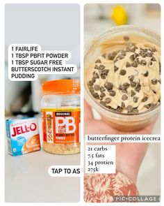 the ingredients for peanut butter protein ice cream are shown in three different pictures, including one being