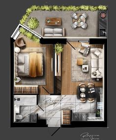 an overhead view of a living room and bedroom area in a house with furniture, floor plan