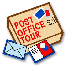 the post office tour logo with an envelope and mail stamp on it's side