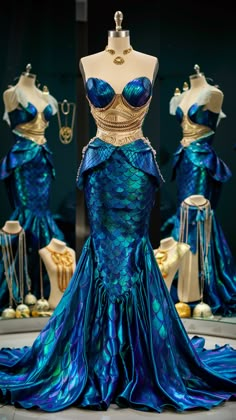 a blue and gold dress on display in front of other mannequins wearing dresses