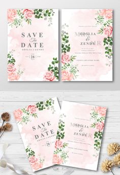 wedding card with watercolor flowers and greenery on the front, in pink tones