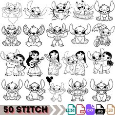 cartoon characters with different expressions and sizes for the animation movie, stitch it up to be colored