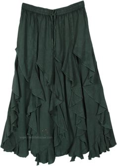 An uber cool bohemian forest fairy skirt with a unique look in a beautiful deep green color. A fully flared skirt, the tiers are curved, which gives it flow. #tlb #Stonewash #XLPlus #Solid Green Ruffled Flared Maxi Skirt, Fitted Green Maxi Skirt With Ruffles, Fitted Green Ruffled Maxi Skirt, Green Flared Maxi Skirt With Ruffles, Bohemian Long Skirt With Layered Hem, Green Tiered Gathered Skirt, Green Gathered Tiered Skirt, Green Tiered Maxi Skirt For Summer, Bohemian Long Skirt With Ruffle Hem