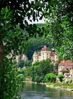 an old castle sits on top of a hill next to a river with trees in the foreground