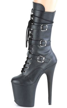 FLAMINGO-1053 Black Matte Mid Calf Boots-Pleaser-Tragic Beautiful High-top Buckle Platform Boots For Party, High-top Platform Boots With Buckle For Parties, High-top Platform Boots With Buckle Closure For Party, Gothic High Heel Platform Lace-up Boots, Gothic High Heel Boots With Buckle Closure, Gothic Leather Mid-calf Boots With High Heel, Leather Mid Calf Boots, Pleaser Shoes, Us Man