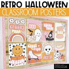 retro halloween classroom posters on a wooden board with text overlay that reads retro halloween classroom posters