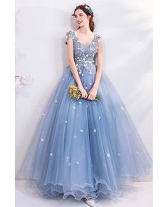 Buy Fatasy Dusty Blue Long Tulle Prom Dress Flowy With Beading at wholesale price online. Free shipping and pro custom service since 2009. Prom Dresses Flowy, Age Aesthetic, Fancy Aesthetic, Cap Sleeve Prom Dress, Quinceañera Ideas, Lace Long Prom Dress, Prom Dress Blue, Blue Evening Dress, Inspired Clothes