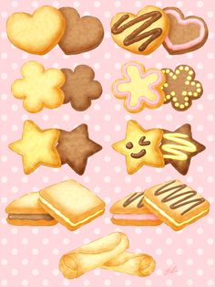 some cookies and biscuits on a pink background