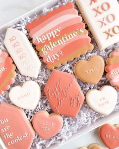 valentine's day cookies in a gift box with greetings on the front and back