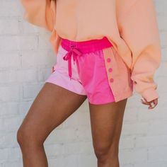 Be Comfortable And Stylish With These Pink And Orange Colorblock Active Shorts. Featuring A Drawstring Waistband, Button Snap Detailing On Sides, And Back Pocket, Plus A Built In Short Lining, They Are Perfect For Your Active Lifestyle! 100% Polyester Inseam: 1.75" Model Is 5'4" With A 25" Waist And 38" Hips And Wearing A Small. Active Shorts, Shorts Athletic, Active Lifestyle, Drawstring Waistband, Athletic Shorts, Workout Shorts, Pink And Orange, Color Blocking, Outfit Ideas