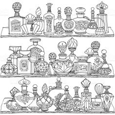 hand drawn shelves filled with perfume bottles and other decorative items in black and white ink