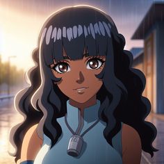 an animated image of a woman with long black hair and brown eyes standing in the rain