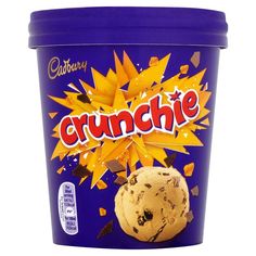 an ice cream cup with chocolate chip cookies in it and the word crunchie on top