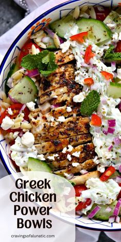 Overhead image of Greek chicken power bowls on a white napkin on a dark counter. Greek Chicken Orzo, Mediterranean Recipes Healthy, Mediterranean Diet Recipes Dinners, Healthy Bowls Recipes, Mediterranean Diet Meal Plan, Easy Mediterranean Diet Recipes, Chicken Orzo, Power Bowls, Healthy Bowls