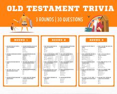 an old testament trivia with three rounds, 30 questions and two people standing in front of