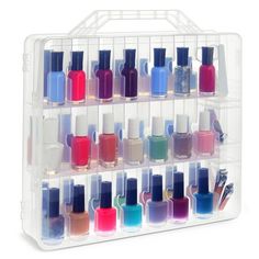 Item Description Keep your polish collection neat and organized with this nail polish storage case. With the adjustable divider, you can easily create compartments to your specifications and create a system that works best with your needs. The nail polish storage measures 13.78 x 13.39 x 3.15 inches and can hold up to 48 bottles of nail polish. Size: 13.78" x 13.39" x 3.15".  Color: Clear. Nail Polish Storage Wood, Fake Nail Collection Storage, Nail Polish Box Storage, Recycled Nail Polish Bottles, Acrylic Nail Polish Display, Cute Nail Polish Storage, Nail Polish Storage For Salon, Nail Salon Polish Storage, Nail Polish Storage In Drawers