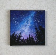 a painting of the night sky with stars and trees painted on it's surface