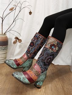 Bohemian Closed Toe Boots For Spring, Vintage Multicolor Boots For Fall, Traditional Brown Boots For Spring, Bohemian Multicolor Boots For Spring, Multicolor Bohemian Boots For Spring, Bohemian Multicolor Boots For Festivals, Multicolor Bohemian Boots For Festivals, Traditional Winter Boots, Bohemian Boots With Round Toe For Festivals