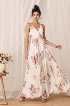 Lovely Cream Floral Print Dress - Wrap Dress - Maxi Dress - Lulus Floral Bridesmaid Dresses, Dresses Dinner Party, Full Maxi Skirt, Dresses Dinner, Floral Bridesmaid, Bridesmaid Ideas, Elegant Maxi Dress, Camisole Dress, Dress With Sleeves