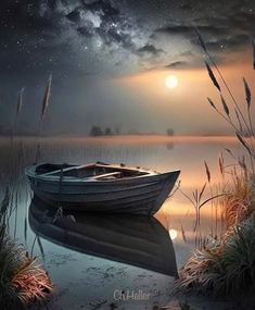 a boat sitting on top of a body of water under a sky filled with stars