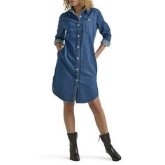 Lee has turned your favorite denim shirt into a dress. This Womens Legendary All Purpose Dress features small side slits for added comfort and freedom of movement and side seam pockets for keeping essentials handy. Legendary Lee details include branded hardware and a chest pocket with Lee signature logo. Size: S.  Color: Blue.  Gender: female.  Age Group: adult. Cheap Medium Wash Buttoned Shirt Dress, Cheap Medium Wash Shirt Dress With Buttons, Affordable Casual Denim Dress By Forever 21, Affordable Denim Blue Denim Dress For Fall, Cheap Button-up Denim Dress For Work, Cheap Short Sleeve Non-stretch Denim Dress, Cheap Button-up Denim Dress For Summer, Cheap Fitted Denim Shirt Dress, Cheap Washed Button-up Denim Dress