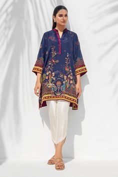 Sania Maskatiya Maryam Eid Collection 2022 Ikat Print Long Sleeve Sets For Eid, Saniya Maskatiya Casual, Sania Maskatiya Casual, Eid Ikat Print Long Sleeve Sets, Semi-stitched Eid Lawn Suit With Intricate Embroidery, Eid Collection 2022, Sania Maskatiya, Silk Trousers, Eid Collection