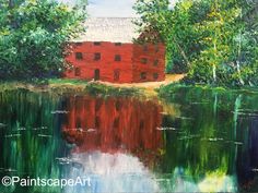 an oil painting of a red barn on the water's edge with trees around it