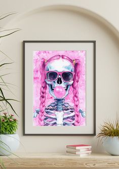 a painting of a skeleton with pink hair and sunglasses on top of a shelf next to a potted plant