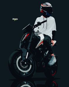 a man sitting on top of a motorcycle wearing a white shirt and black pants with red accents