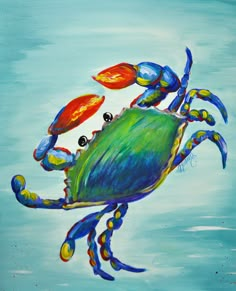 a painting of a blue crab with yellow legs and two red crabs on it's back