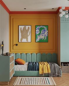 a bedroom with yellow walls and blue bed in the middle, an orange accent wall