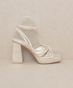 light gold knotted band platform heels! -heel height: 4 inches Platform Prom Heels, Aka Shoes, Bride 2024, Heels With Platform, Gold Platform Heels, Wedding Fits, Bold Heels, Block Heel Platform Sandals, Prom Inspo