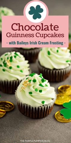 chocolate cupcakes with bailey's irish cream frosting and shamrock sprinkles