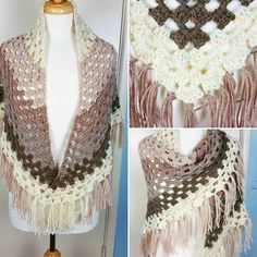 two pictures of a shawl on a mannequin with crocheted fringes