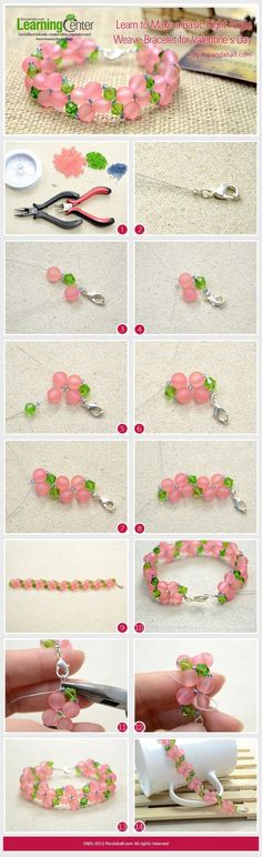 instructions to make flower bracelets with pink flowers and green leaves on the end,