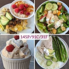 four pictures of different food items on plates and in bowls with the words, 14p / 19c / 31f