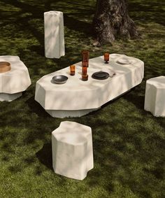 an outdoor table set up with plates and glasses on it, in the grass next to a tree