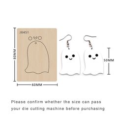 two ghost shaped earrings are shown next to each other, with the measurements for each pair