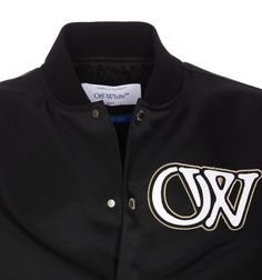 100% Polyamide, 100% Viscose | Off-White Men's Varsity Bomber Jacket With Logo in Black White | SS24 Designer Outerwear With Embroidered Logo For Streetwear, Designer Streetwear Outerwear With Embroidered Logo, Winter Workwear Outerwear With Embroidered Logo, Luxury Spring Outerwear For Streetwear, Luxury Spring Streetwear Outerwear, Fitted Winter Outerwear With Embroidered Logo, Fitted Outerwear With Embroidered Logo For Streetwear, Casual Fitted Outerwear With Embroidered Logo, Maurice Lacroix