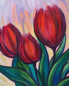 a painting of three red tulips in a vase