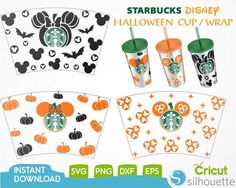 starbucks halloween cup wrappers with pumpkins and mickey mouse on them, all in different designs