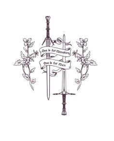 a drawing of two swords, one with a banner and the other with flowers on it