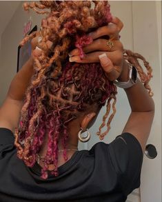 Cute Colors To Dye Your Locs, Pb J Hair Color Locs, Purple And Ginger Locs, Locs Colors For Women, Pb J Locs, Dyed Dreads Women, Brown And Pink Locs Black Women, Red And Blonde Hair Color Locs, Two Tone Loc Color