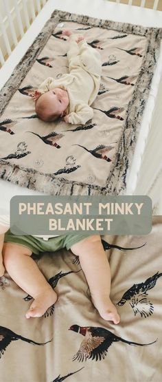 a baby laying on top of a bed next to a blanket with the words, pleasant pinky blanket